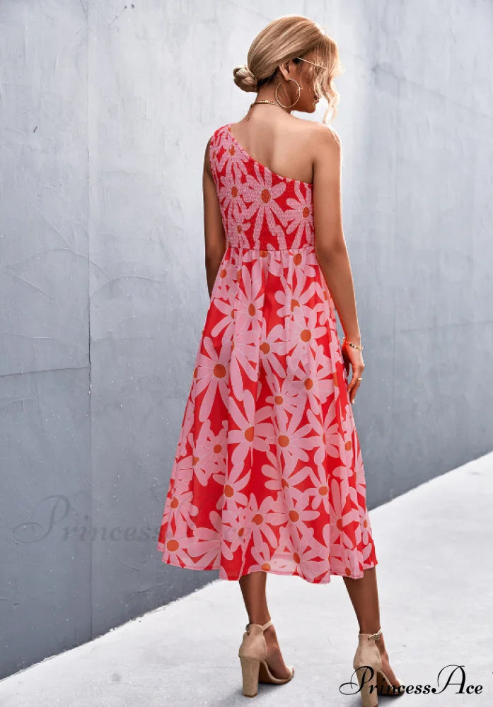 Floral Print Diagonal Shoulder Dress L / White Red