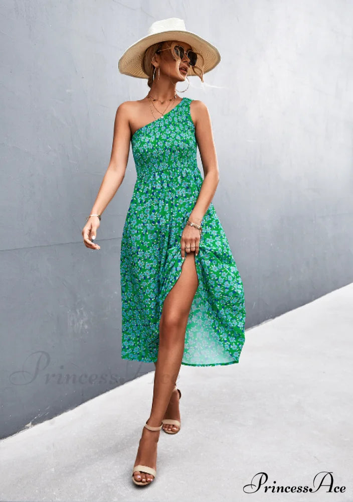 Floral Print Diagonal Shoulder Dress M / White Red