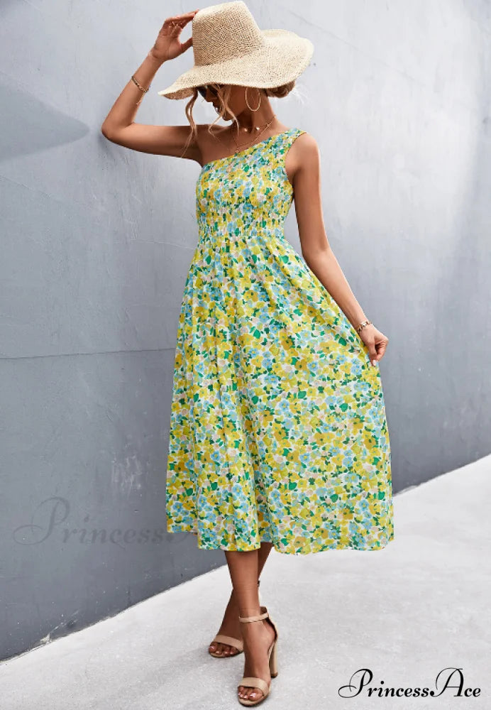 Floral Print Diagonal Shoulder Dress S / Green