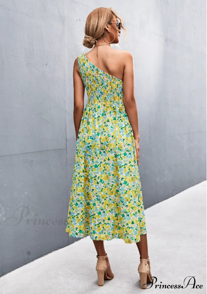 Floral Print Diagonal Shoulder Dress S / Red