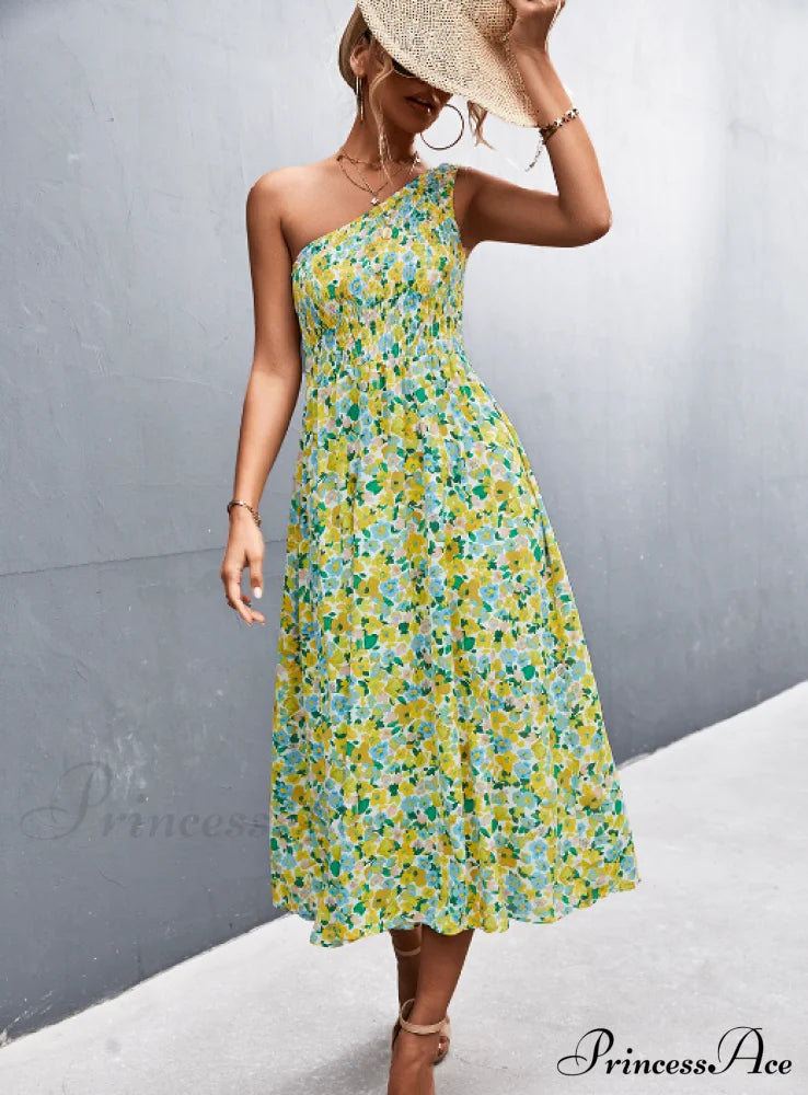 Floral Print Diagonal Shoulder Dress S / White Red