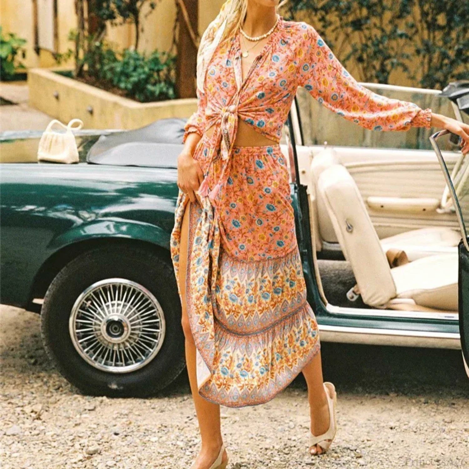 Floral Print Ethnic Beach Boho Rayon Skirt Pink / S skirt-250126