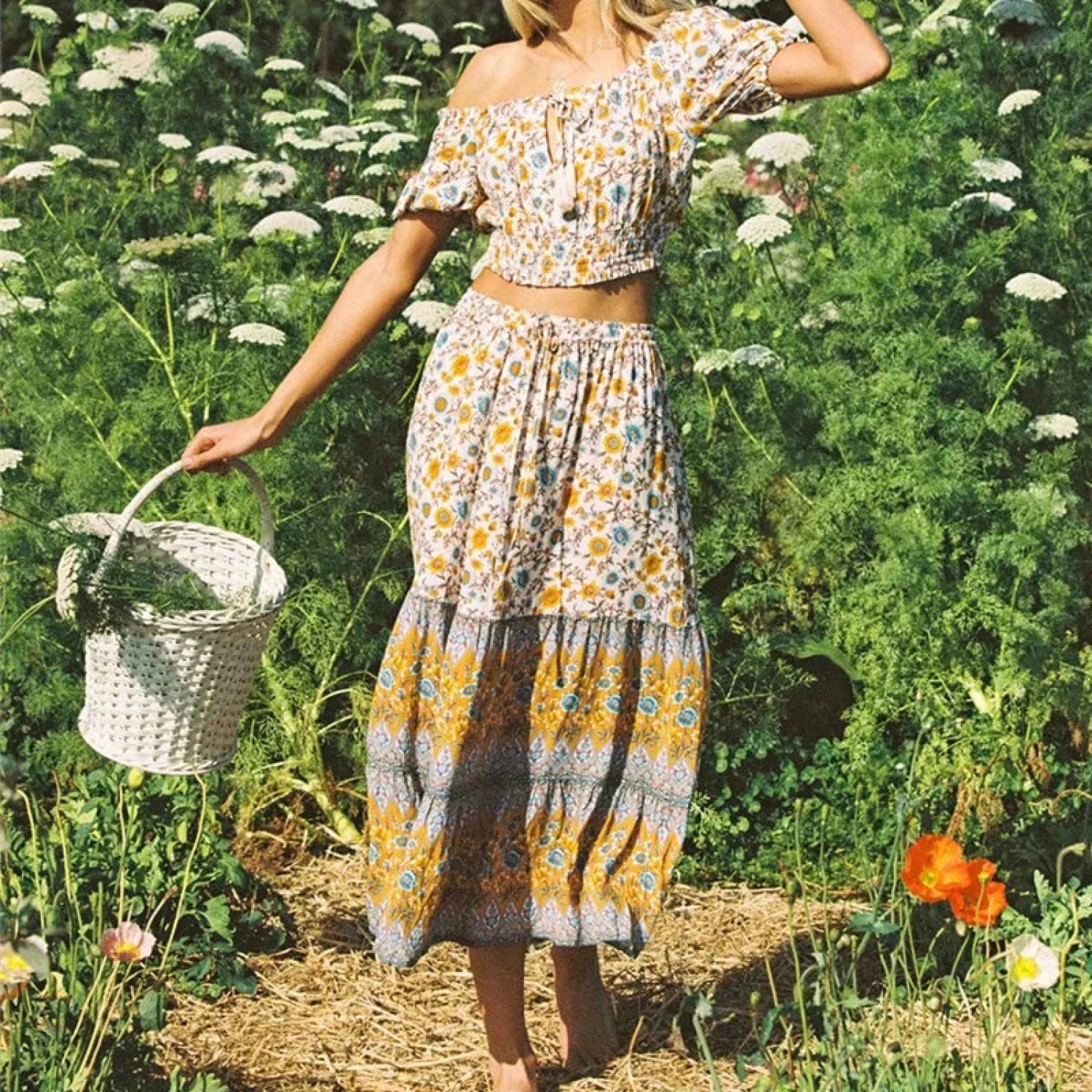 Floral Print Ethnic Beach Boho Rayon Skirt Yellow / S skirt-250126