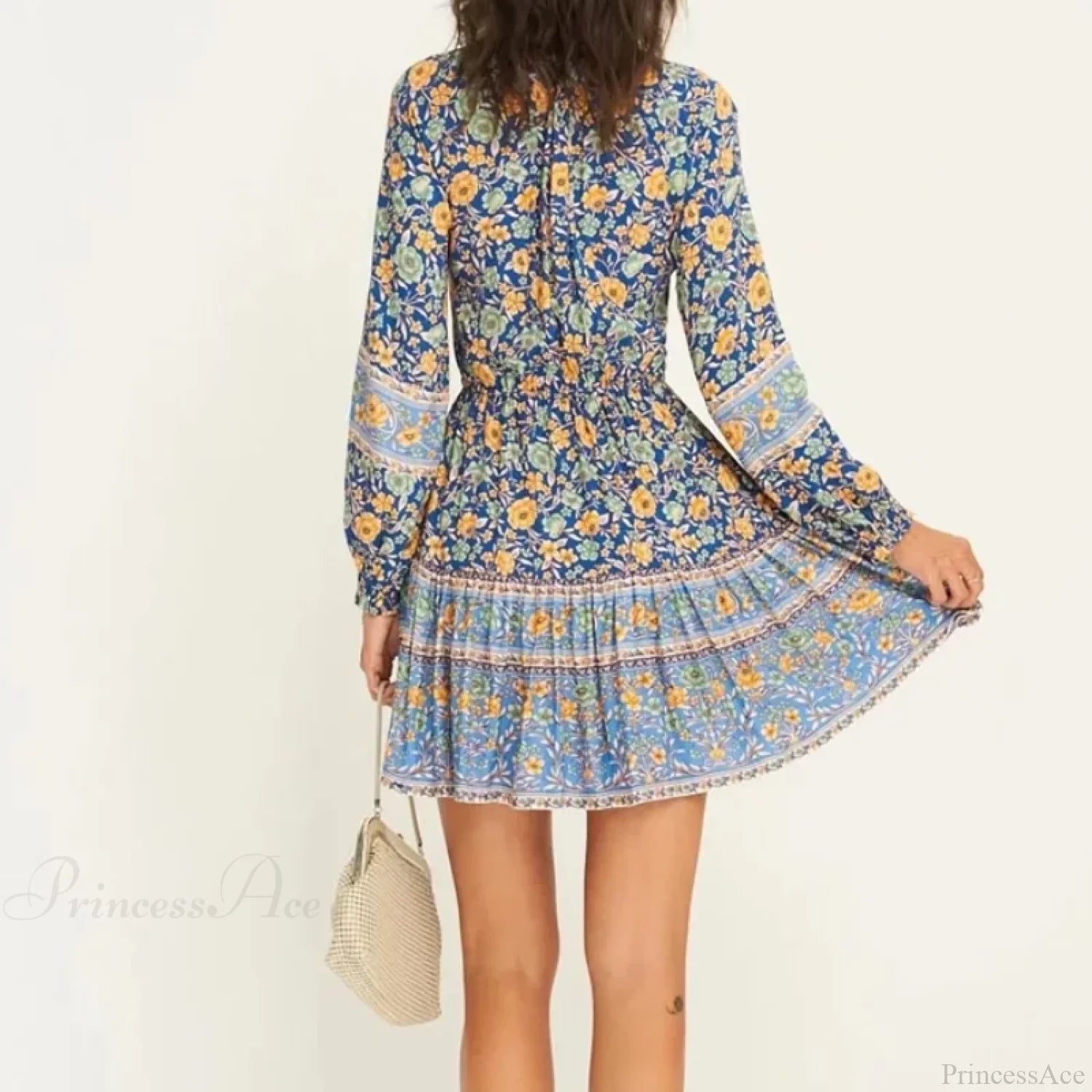Floral Print Ethnic Long Sleeve V-neck Button Belt Ruffles Mini Boho Dress bohodress-250126
