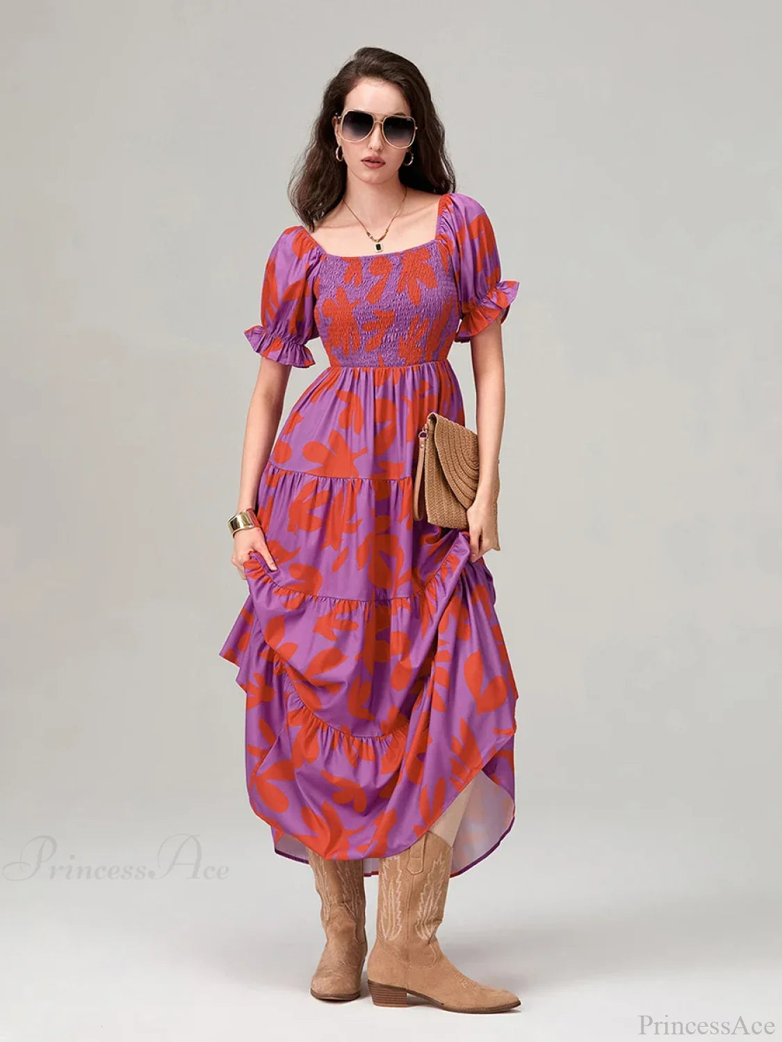 Floral Print Flowy Puff Sleeve Square Neck A-Line Vacation Floral Dress floraldress-250126