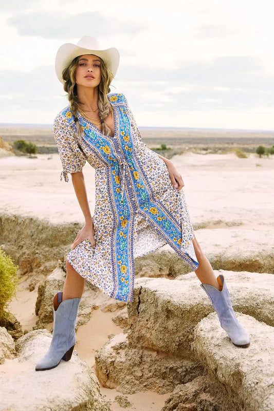 Floral Print Half Sleeve Loose Belt V-neck Vacation Midi Boho Dress bohodress-250126