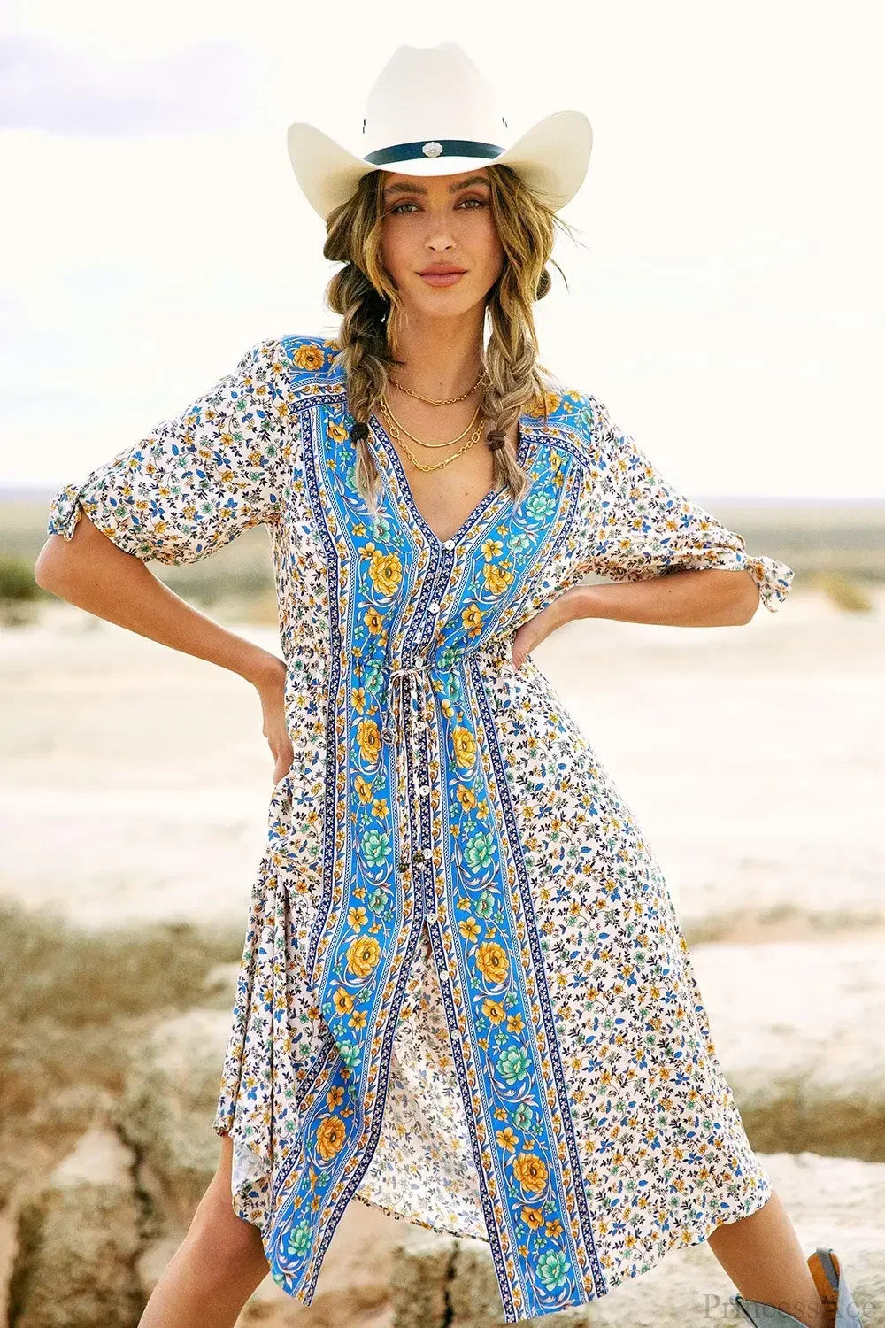 Floral Print Half Sleeve Loose Belt V-neck Vacation Midi Boho Dress Creamy-white / S bohodress-250126