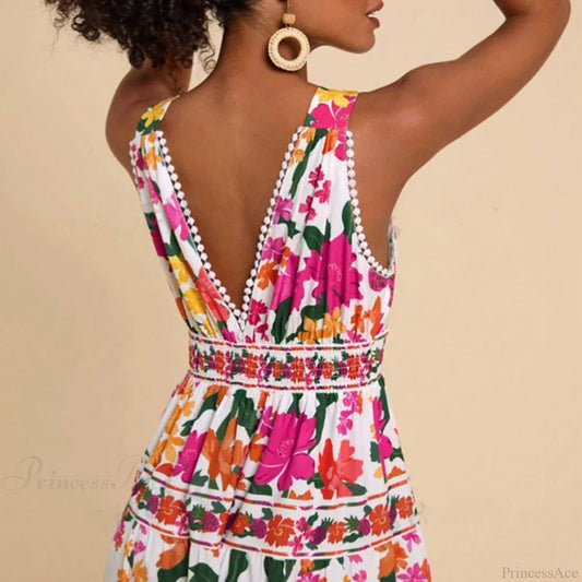 Floral Print High Waist Bohemian Beach Dress bohodress-250126