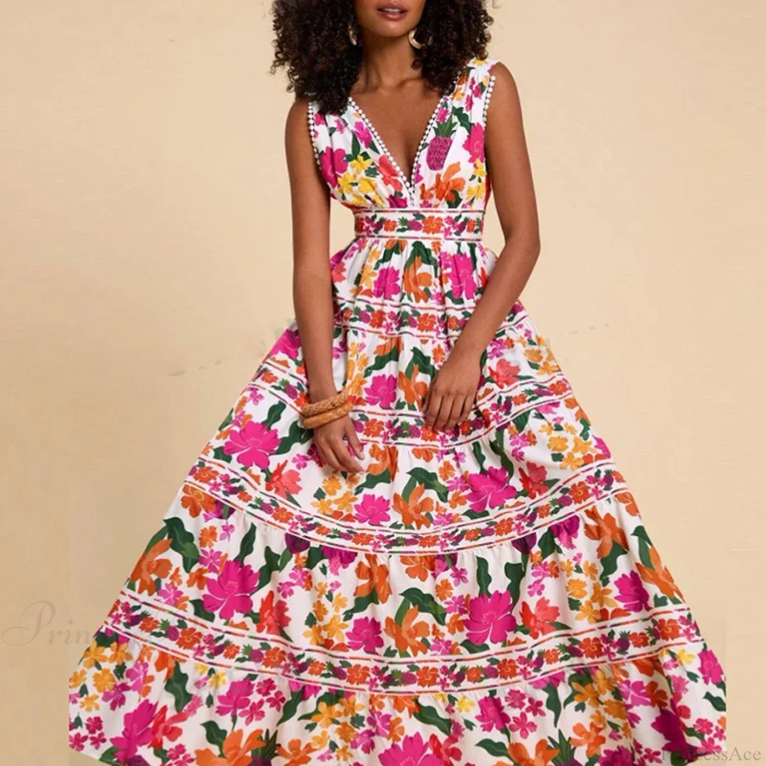Floral Print High Waist Bohemian Beach Dress bohodress-250126