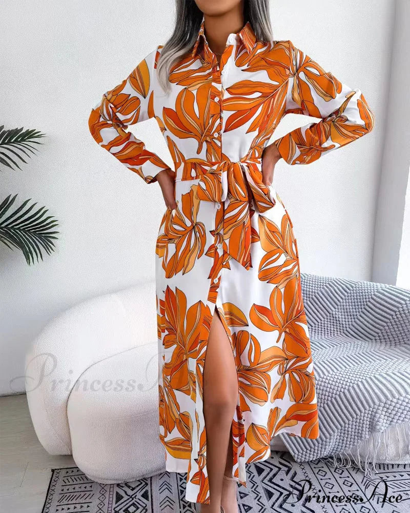 Floral Print Lapel Shirt Dress With Contrast Casual Dresses