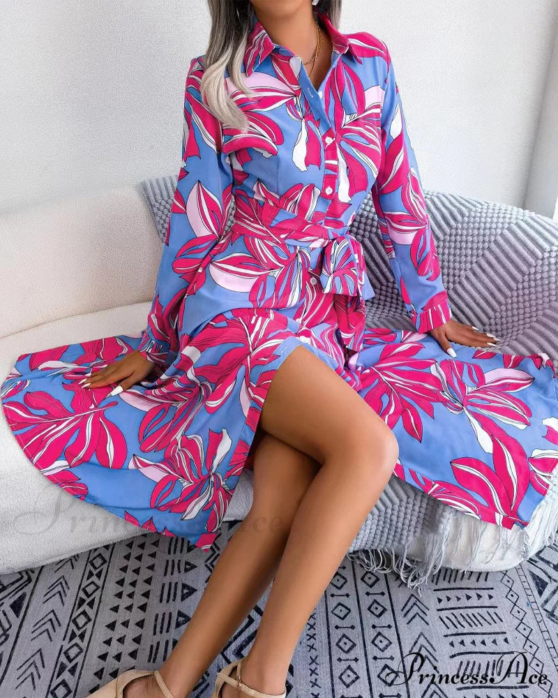 Floral Print Lapel Shirt Dress With Contrast Casual Dresses