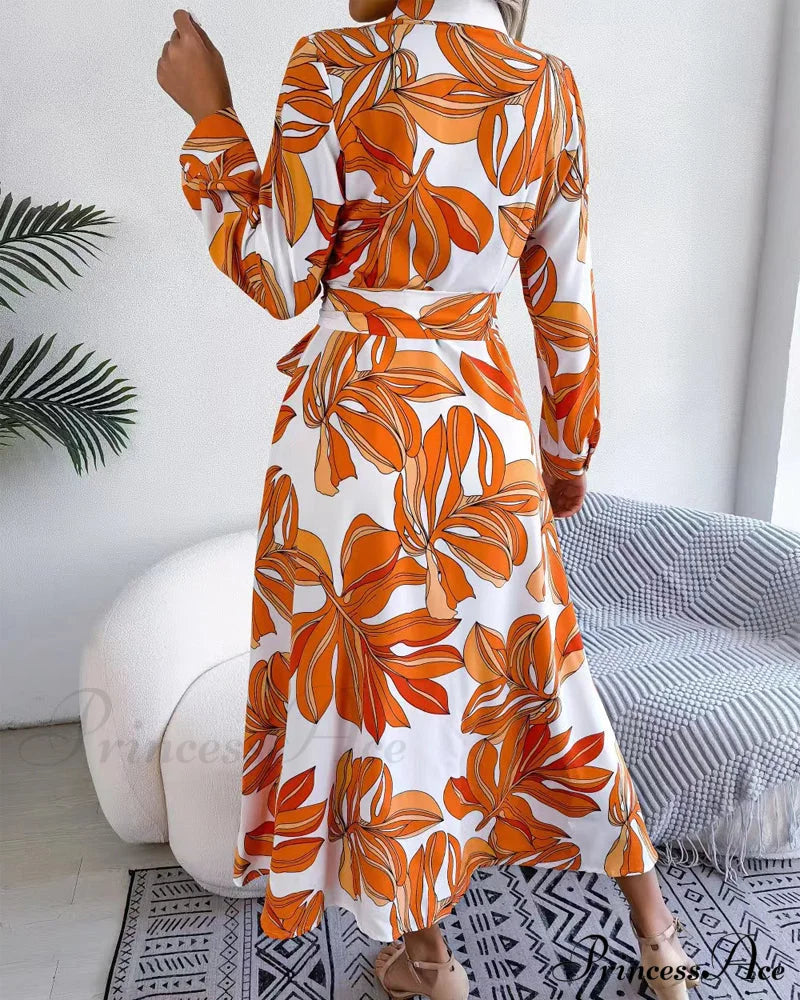 Floral Print Lapel Shirt Dress With Contrast Casual Dresses