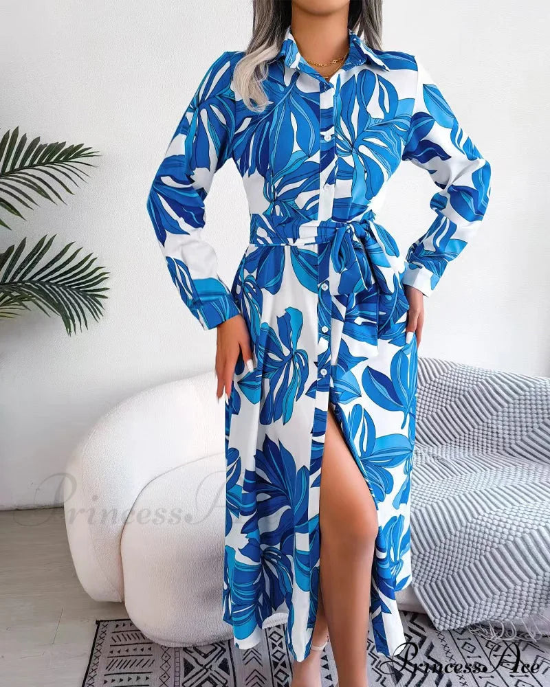 Floral Print Lapel Shirt Dress With Contrast Casual Dresses
