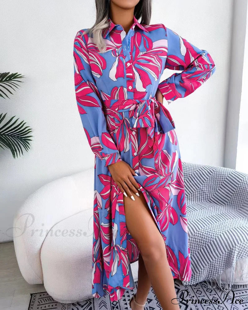 Floral Print Lapel Shirt Dress With Contrast Casual Dresses