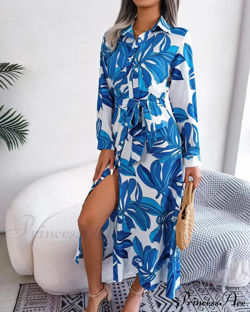 Floral Print Lapel Shirt Dress With Contrast Casual Dresses