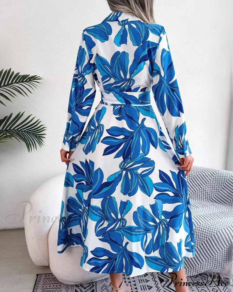 Floral Print Lapel Shirt Dress With Contrast Casual Dresses