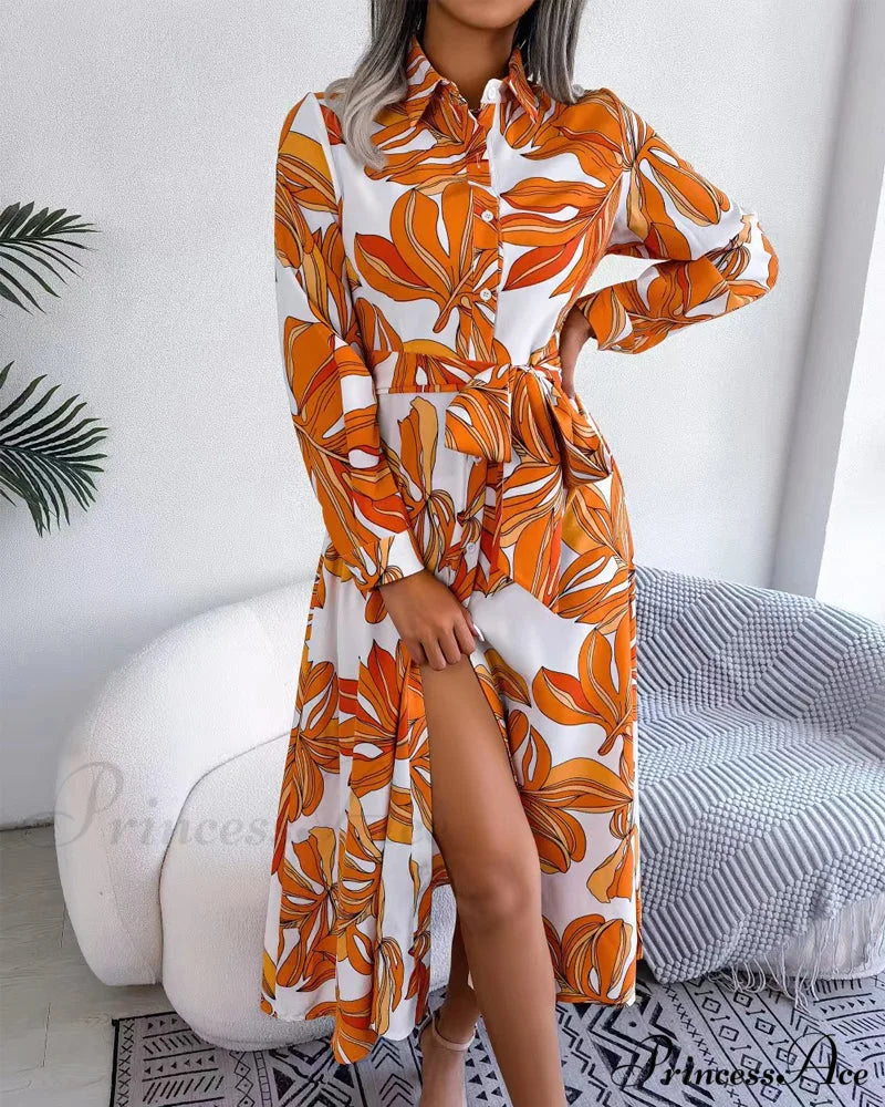 Floral Print Lapel Shirt Dress With Contrast Casual Dresses