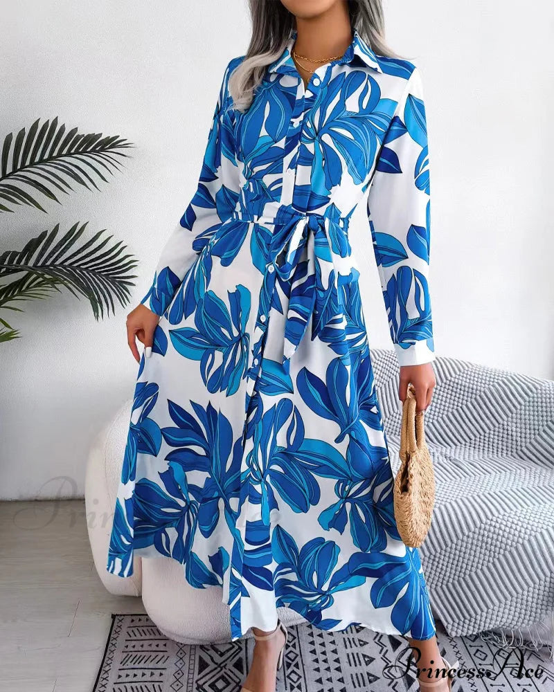 Floral Print Lapel Shirt Dress With Contrast Casual Dresses