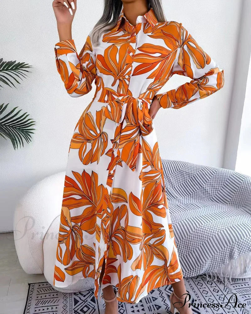Contrasting floral print lapel shirt dress Orange 23BF Casual Dresses Clothes Dresses Spring Summer