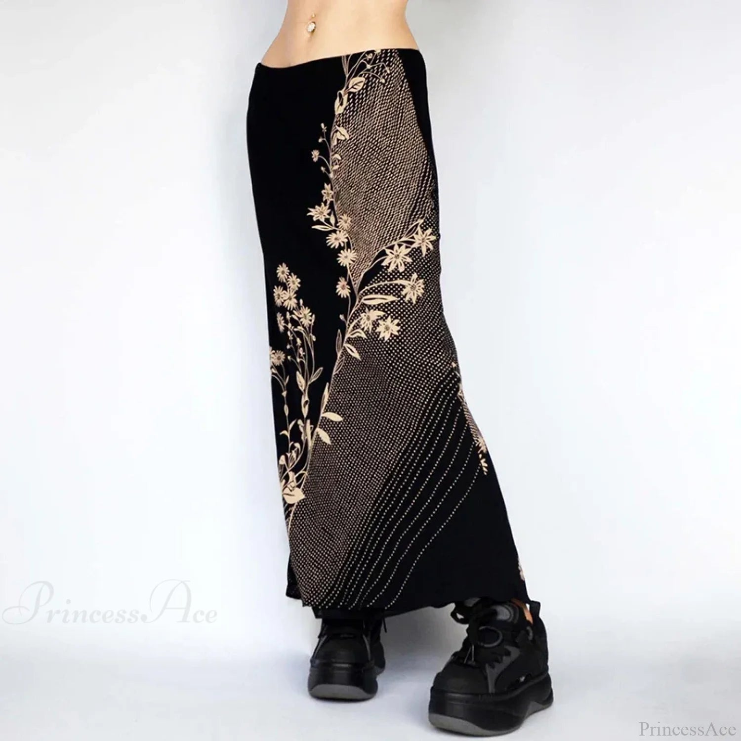 Floral Print Long Retro Low Rise Straight Midi Skirt skirt-250126
