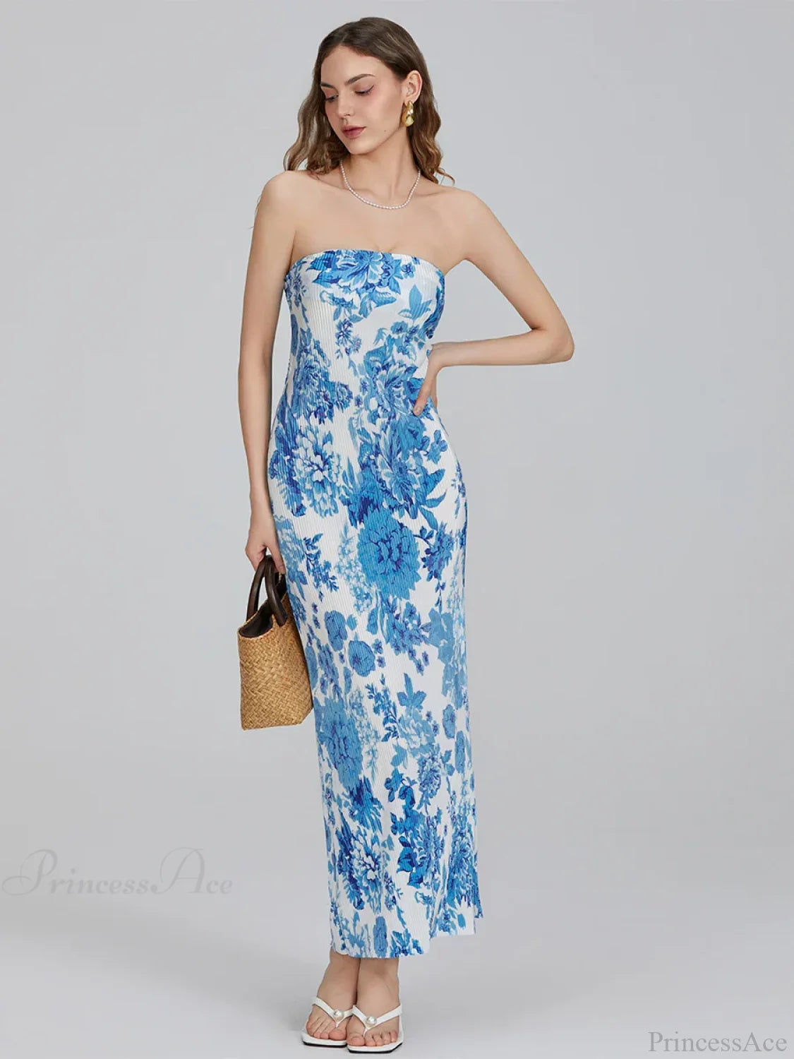 Floral Print Off-Shoulder Bandeau Pleated Tube Top Backless Party Dress BLUE / S floraldress-250126