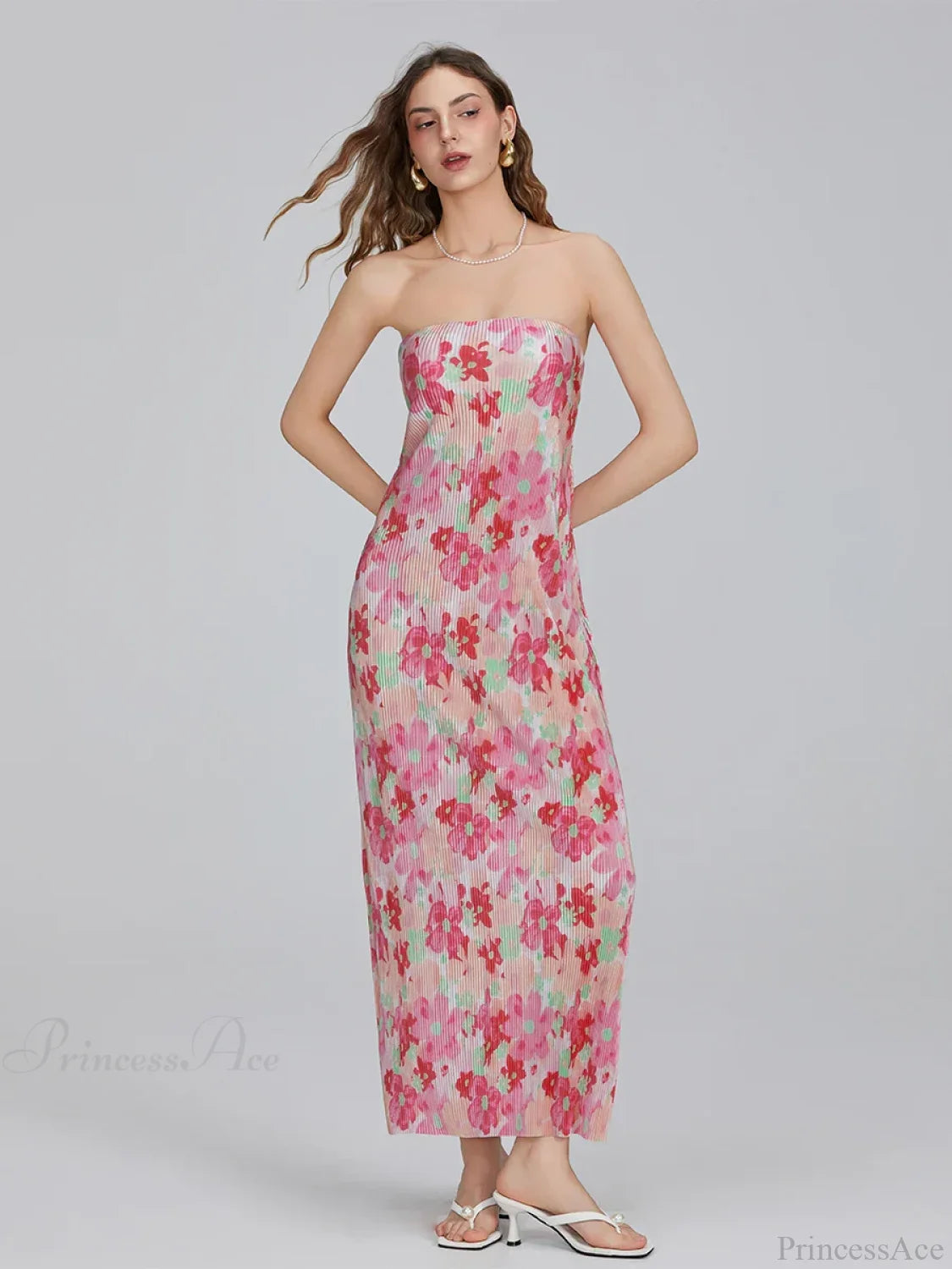 Floral Print Off-Shoulder Bandeau Pleated Tube Top Backless Party Dress floraldress-250126
