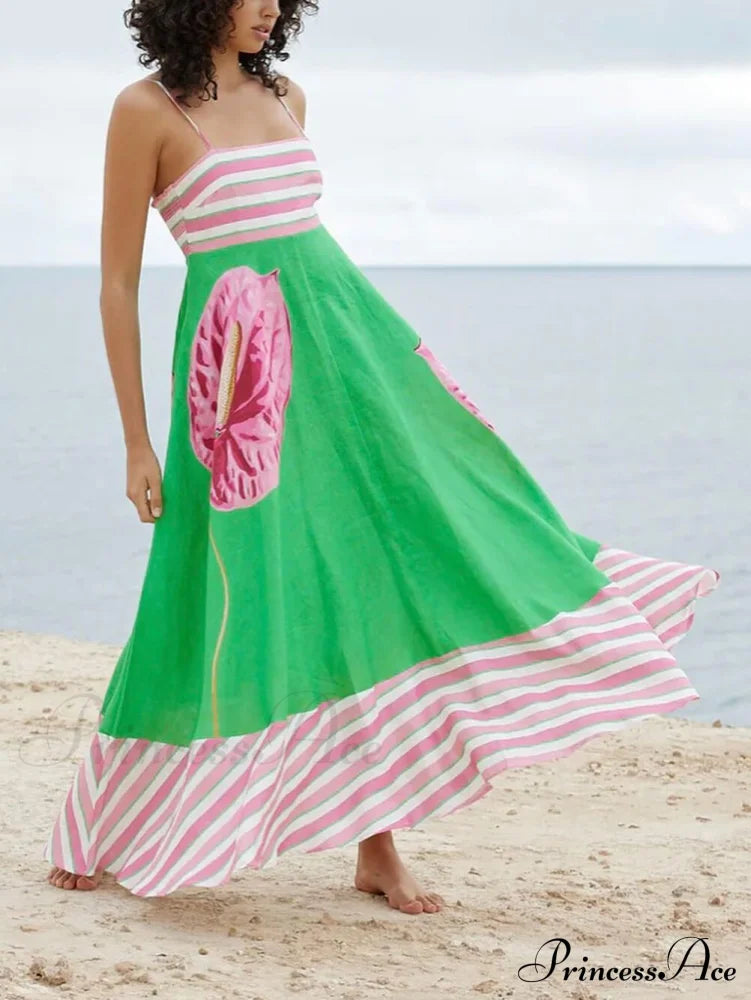 Floral Print Paneled Charming Striped Suspender Mixi Dress Dresses