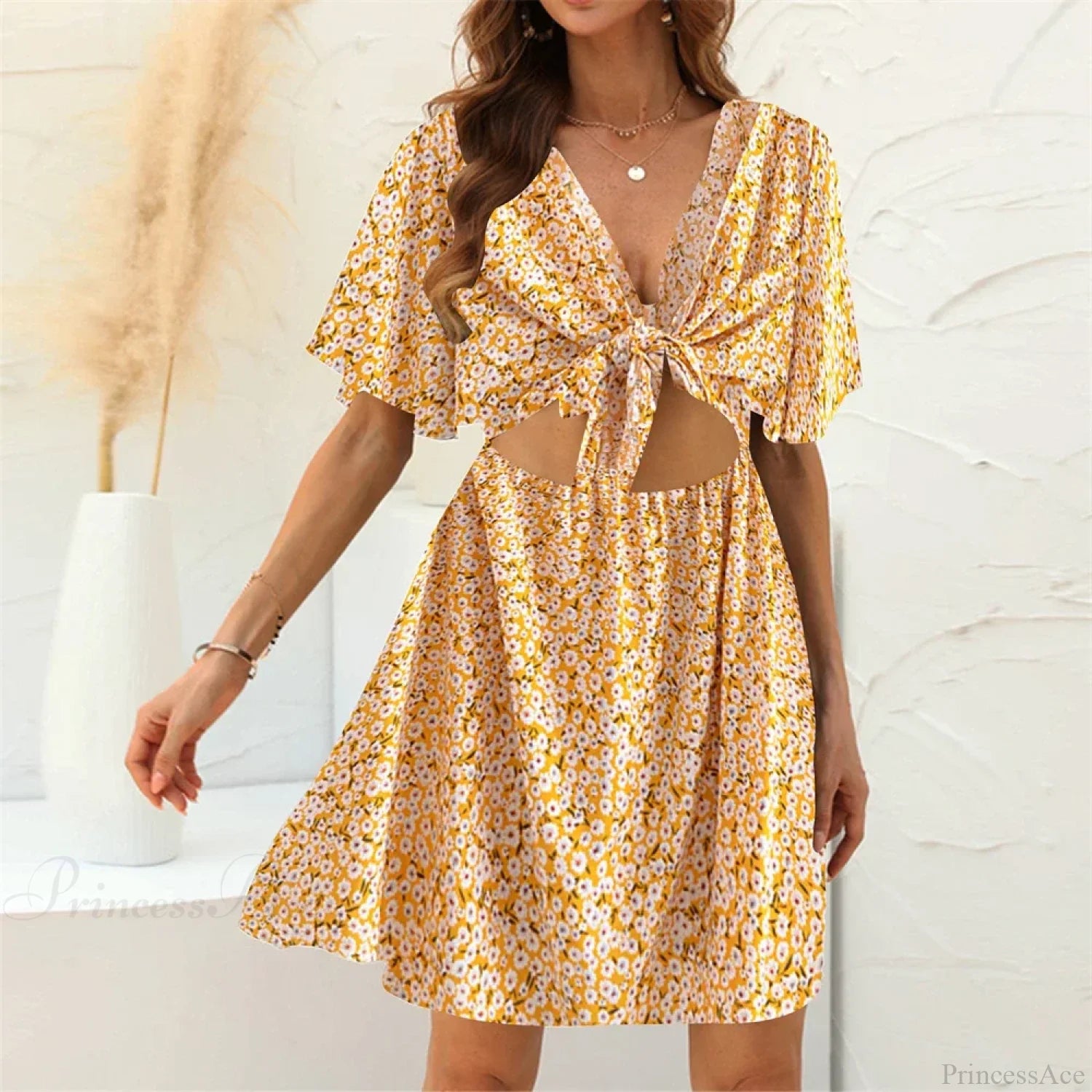 Floral Print Rayon Deep Bow Neck Short Sleeve Sexy Hollow Out Mini Boho Dress Yellow / M bohodress-250126
