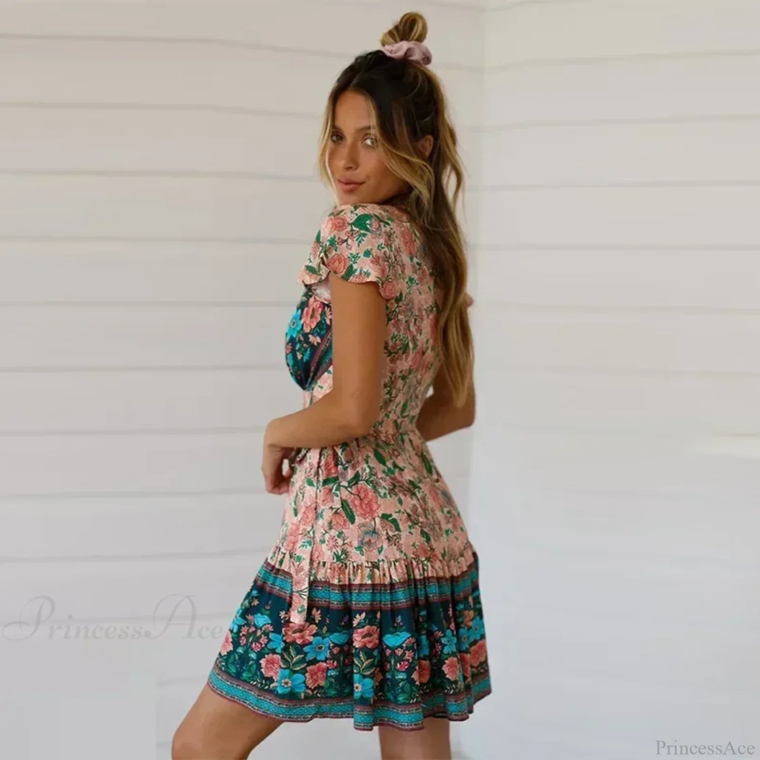 Floral Print Rayon Wrap Short Sleeve Sexy Vacation Mini Boho Dress bohodress-250126