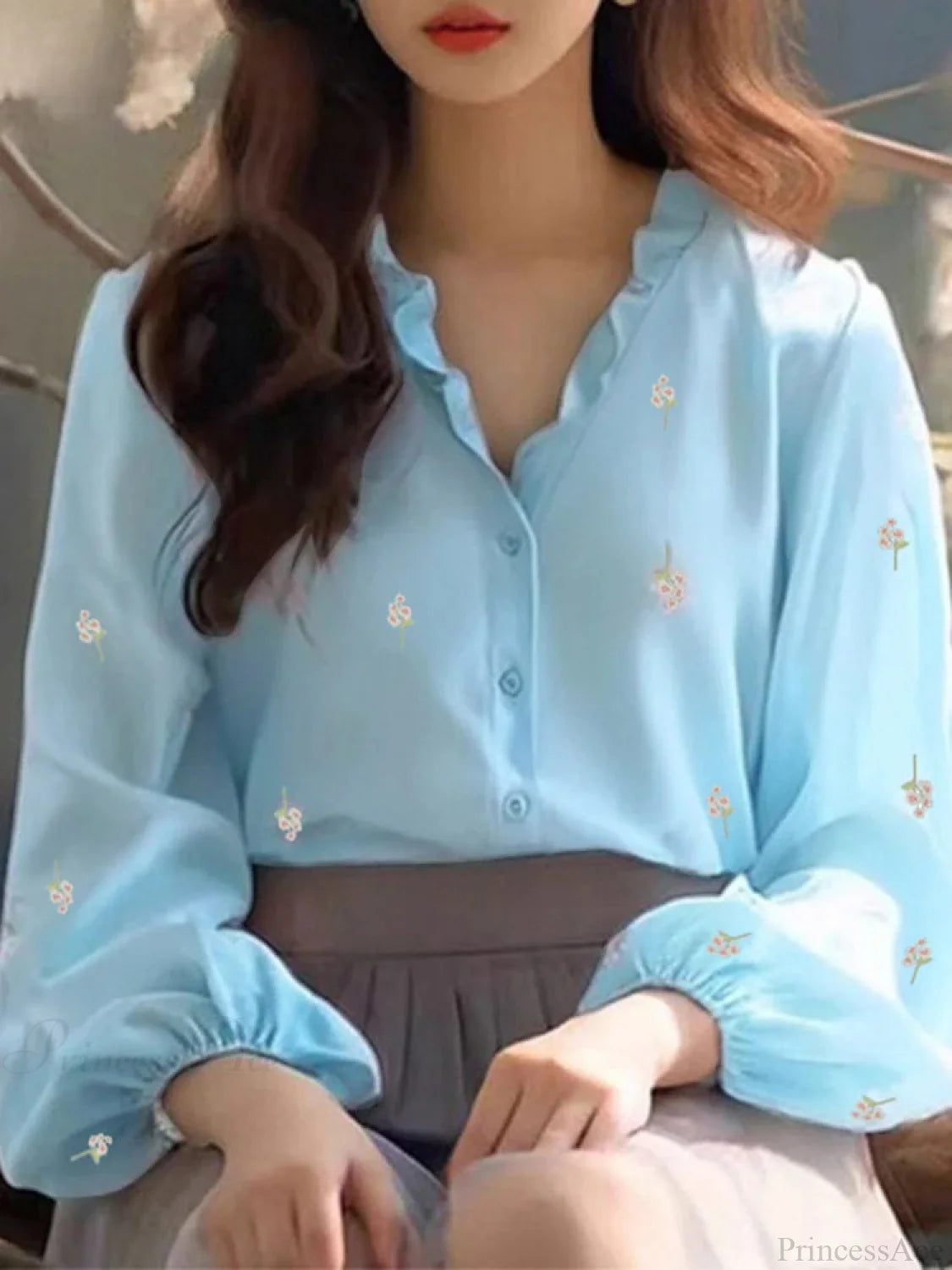 Floral Print Ruffle Collar Blouse Casual Tunic Blue / S blouse-250126