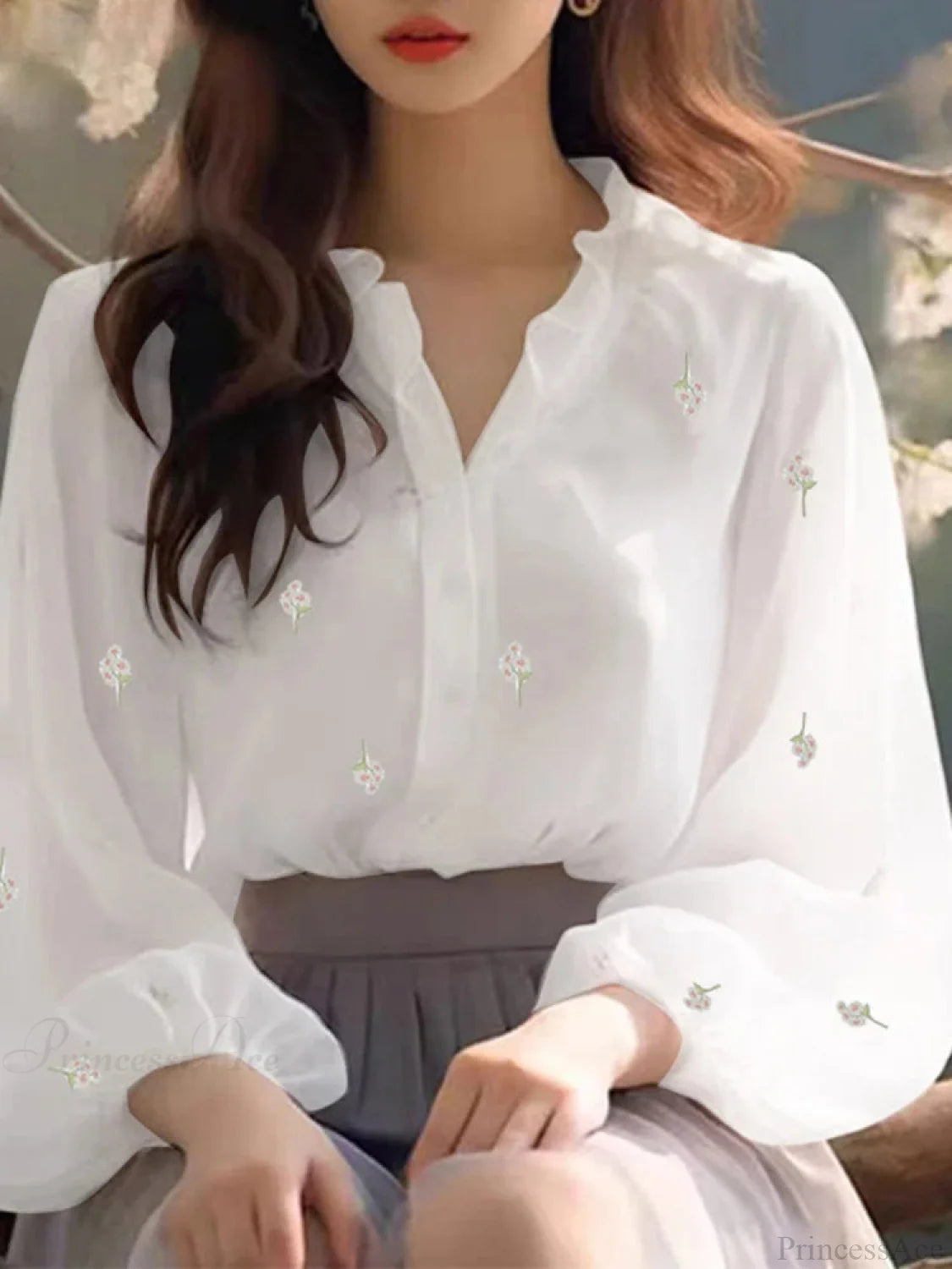 Floral Print Ruffle Collar Blouse Casual Tunic WHITE / S blouse-250126