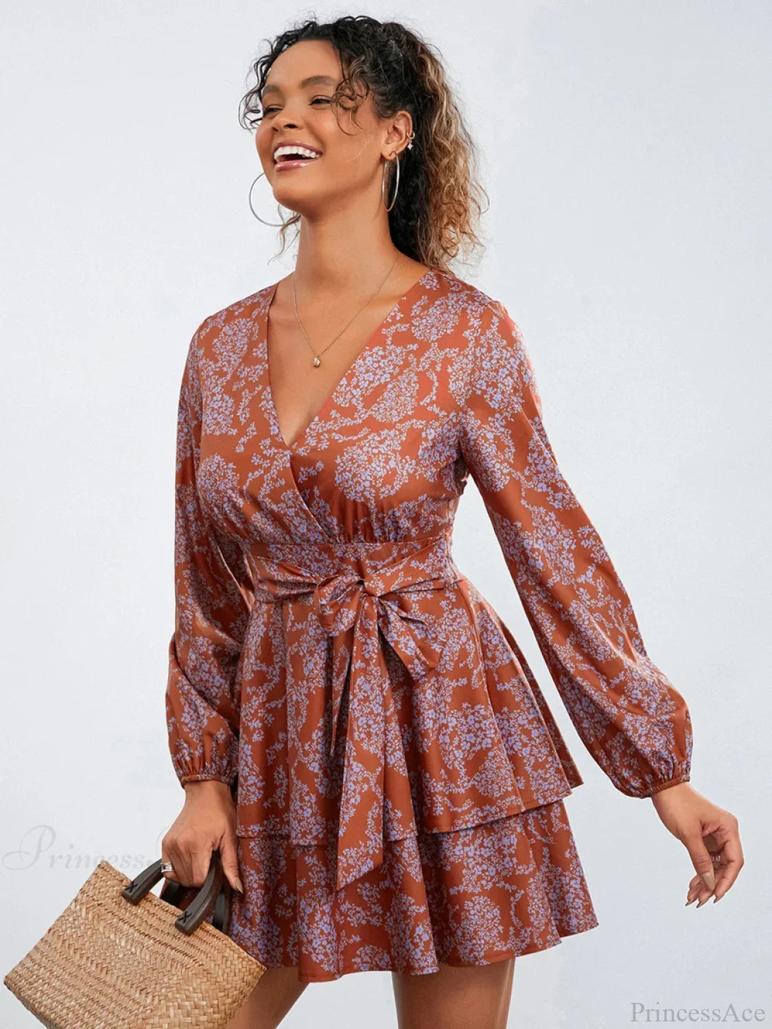 Floral Print Ruffles Tiered Mini Dress V-neck High Waist Floral Dress floraldress-250126