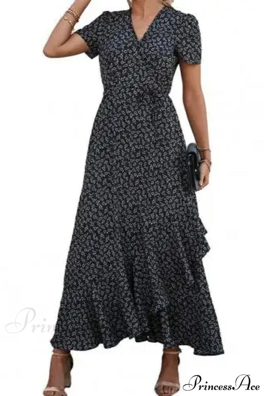 Floral Print Sexy V Neck Ruffle Hem Wrap Vintage Boho Dress Black / S