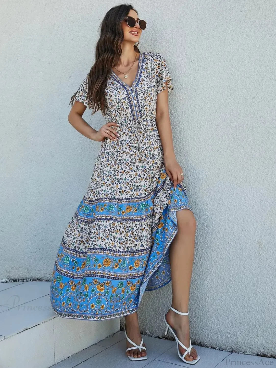 Floral Print Short Sleeve Button Loose Tassel V-neck Maxi Boho Dress Beige / S bohodress-250126