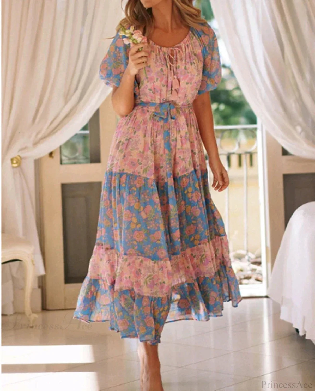 Floral Print Short Sleeve O-neck Sashes Tassel Boho Dress pink / S bohodress-250126