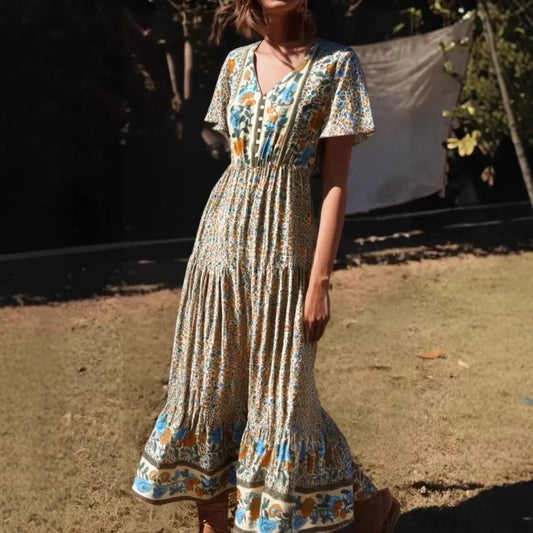 Floral Print Single Breasted V-neck Short Sleeve Summer Maxi Boho Dress Beige / S bohodress-250126