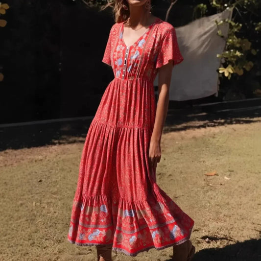 Floral Print Single Breasted V-neck Short Sleeve Summer Maxi Boho Dress Red / S bohodress-250126