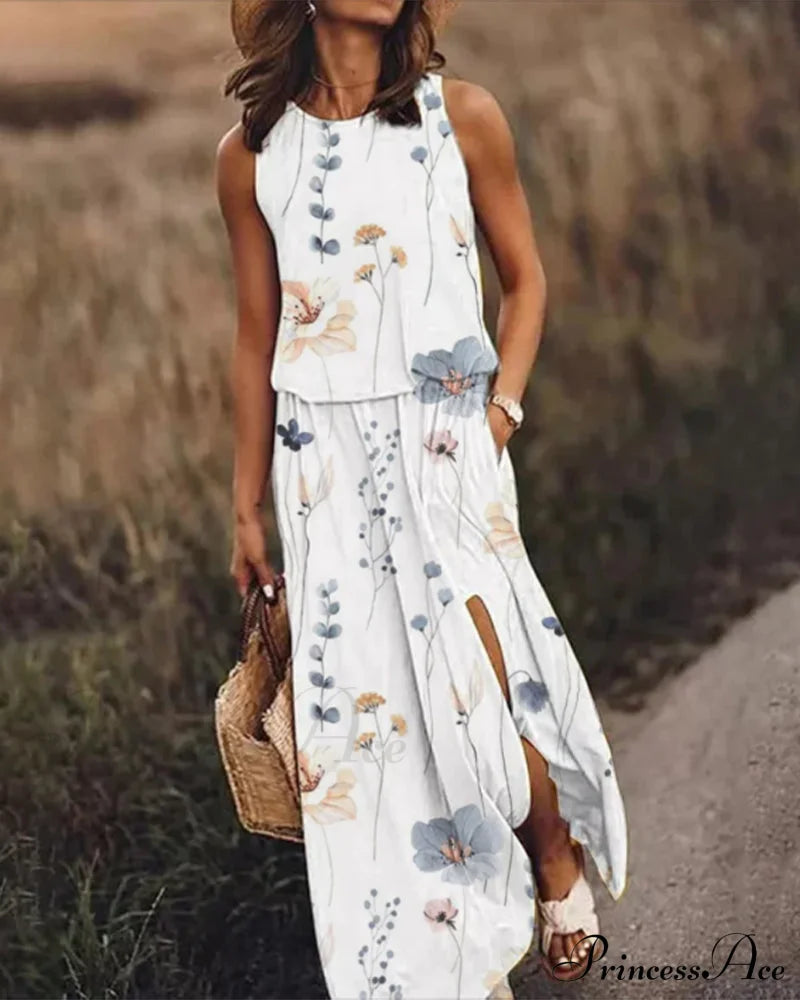 Sleeveless Dress in Floral Print White 23BF Casual Dresses Clothes Dresses Spring Summer