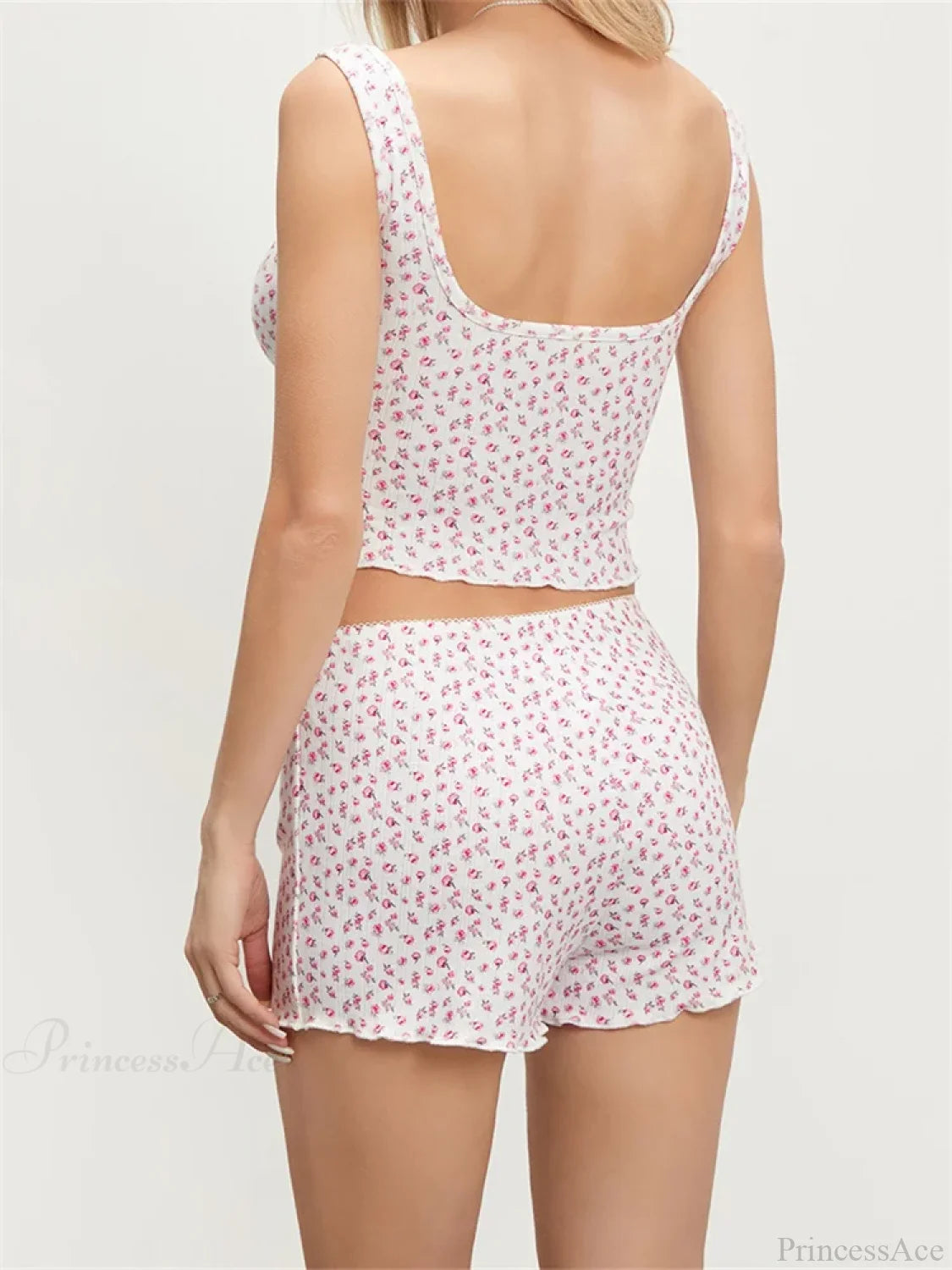 Floral Print Sleeveless Square Neck Camis Crop Top with Shorts Pajama Set twopiecesset-250126
