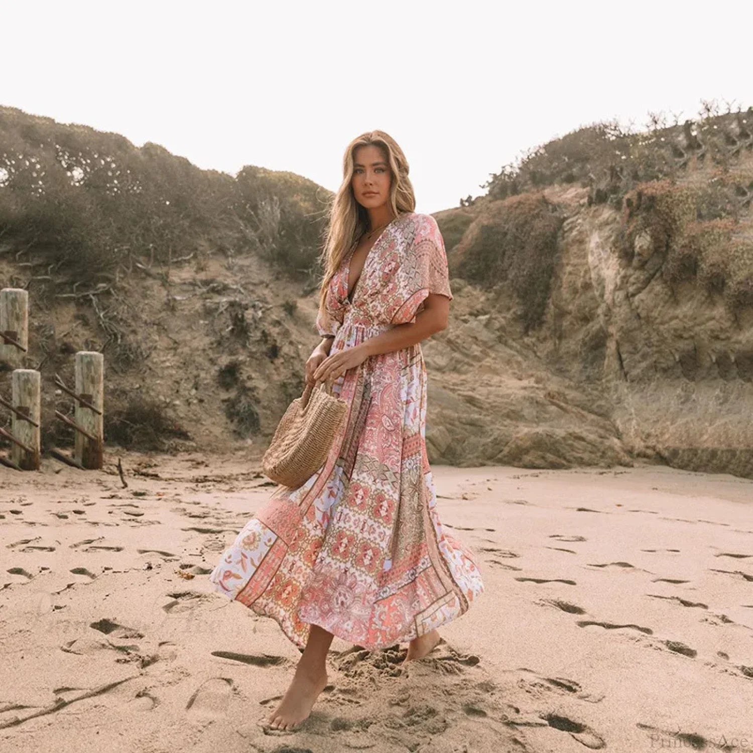Floral Print Smock Frock Bikini Cover-Up bohodress-250126