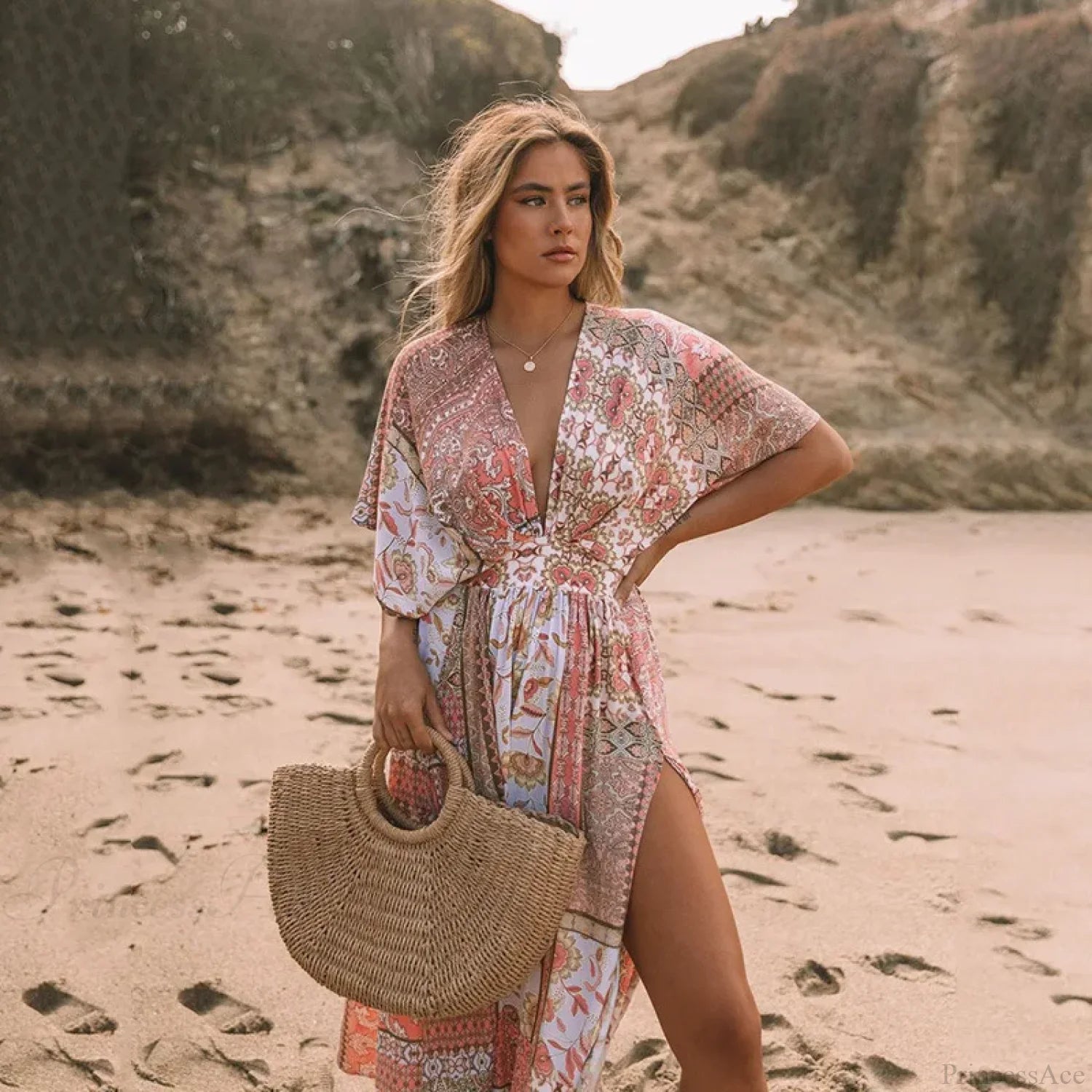 Floral Print Smock Frock Bikini Cover-Up Pink / S bohodress-250126