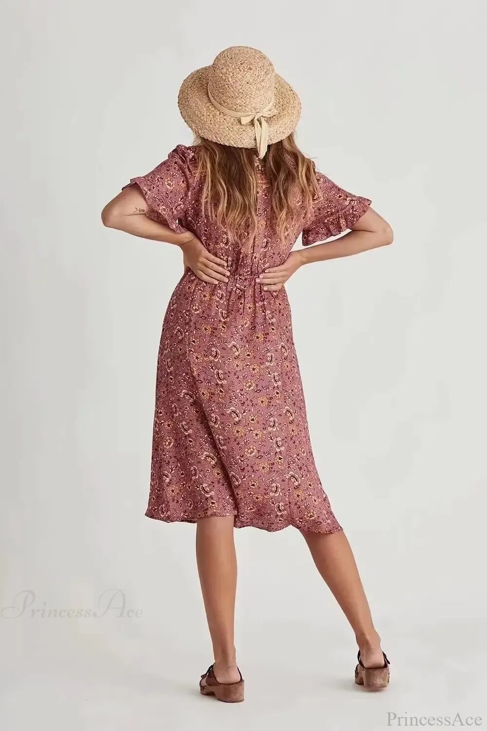 Floral Print Square Collar Short Sleeve Beachwear Boho Midi Dress bohodress-250126