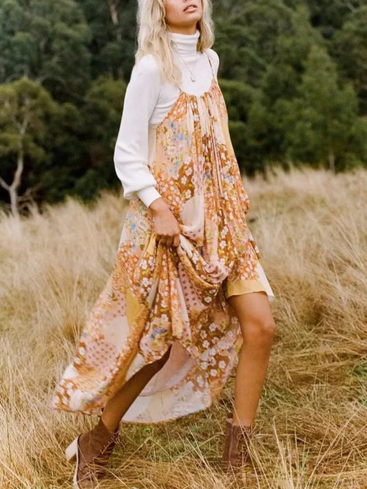 Floral Print Strapless A-line Rayon Beach Summer Maxi Boho Dress Orange / S bohodress-250126