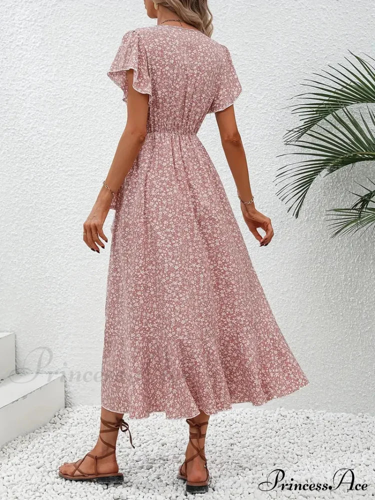 Floral Print Surplice Neck Tied Dress With Flutter Sleeves L / Pink Pink Floral Maxi Dress
