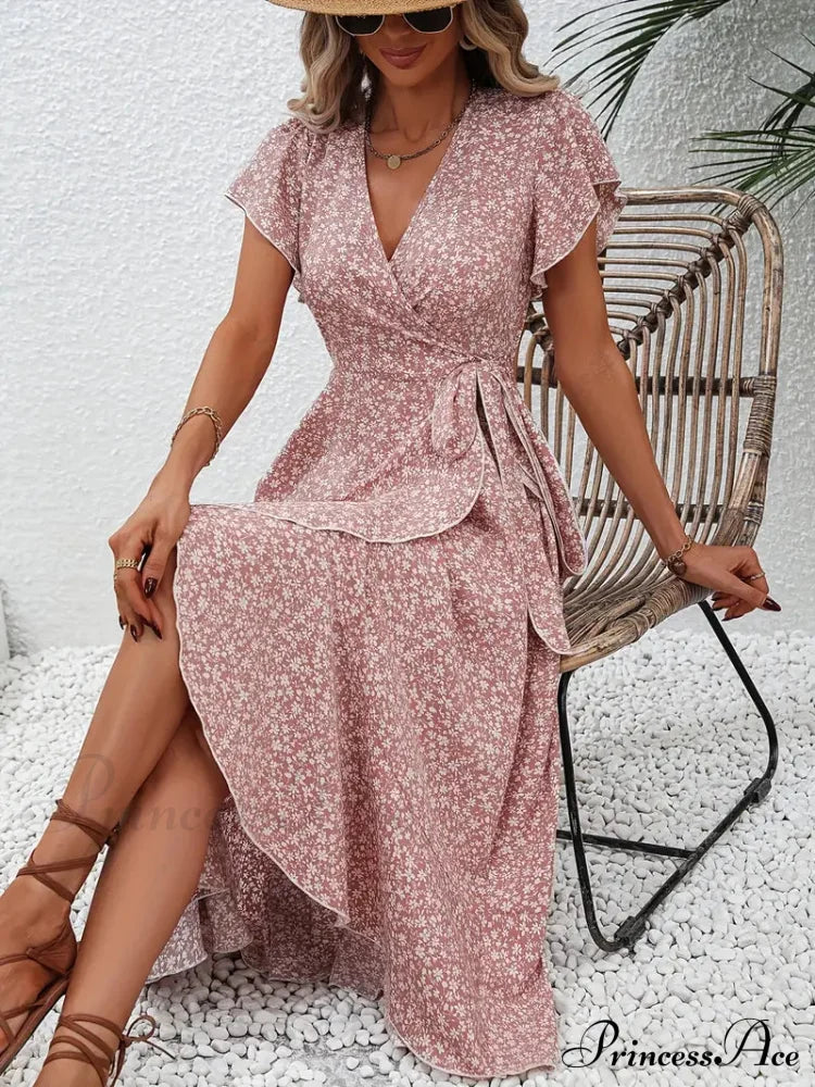 Floral Print Surplice Neck Tied Dress With Flutter Sleeves M / Pink Pink Floral Maxi Dress