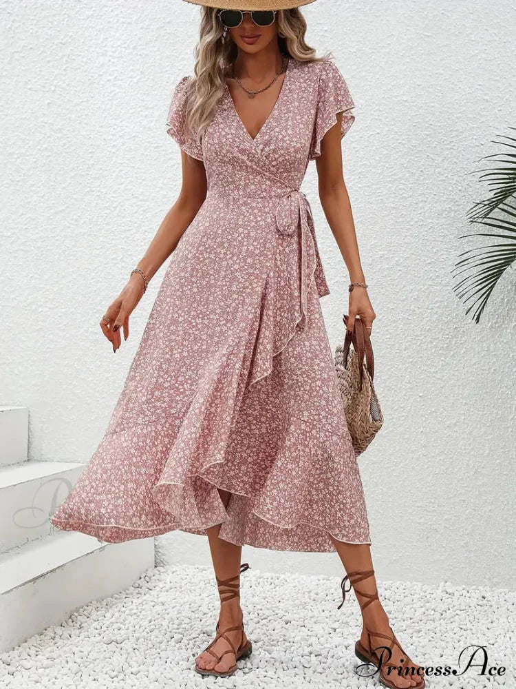 Floral Print Surplice Neck Tied Dress With Flutter Sleeves S / Pink Pink Floral Maxi Dress