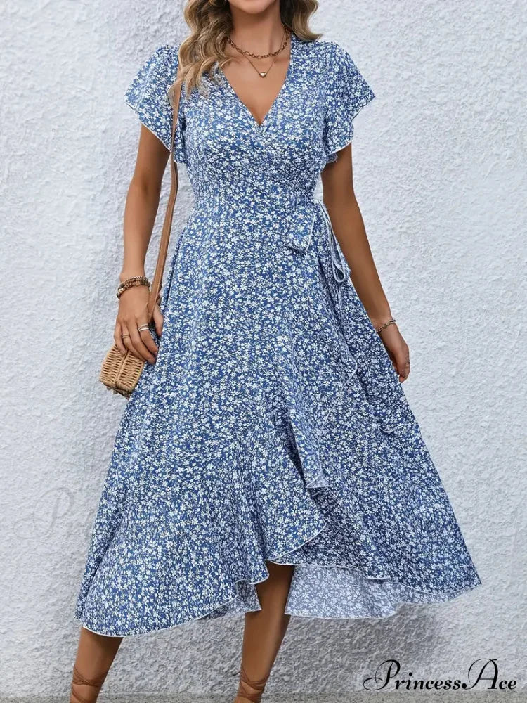 Floral Print Surplice Neck Tied Dress With Flutter Sleeves S / Red Pink Floral Maxi Dress