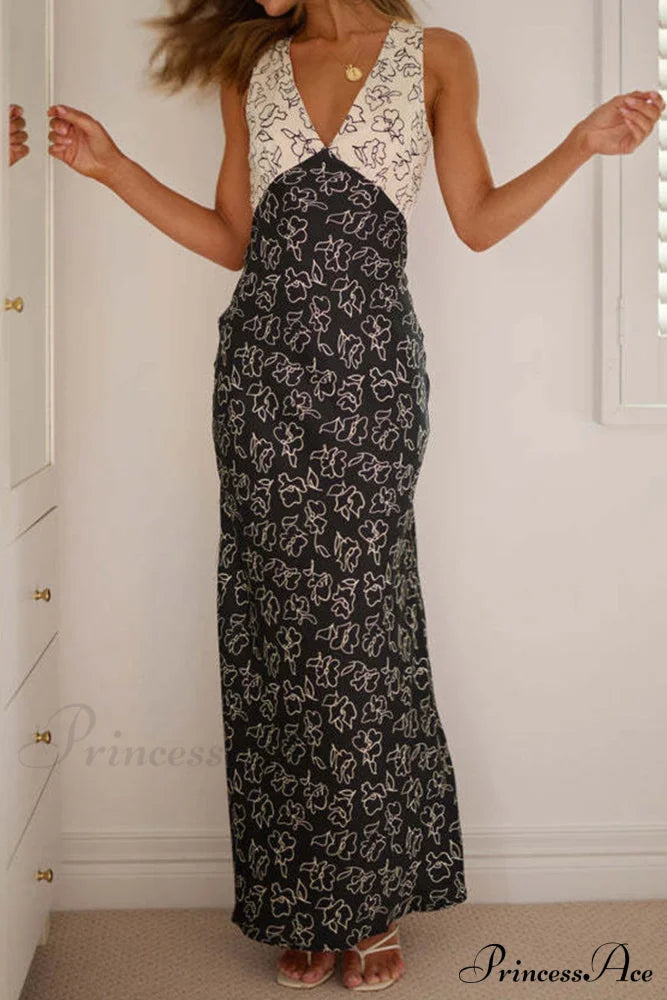 Floral Print V Neck Dress With Contrast Detail And Tie-Back Black / S Midi Dresses