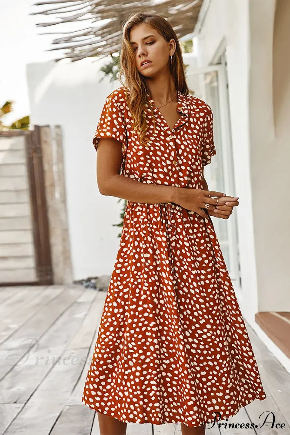 Floral Print Vintage Short Sleeve Boho Dress Orange / S