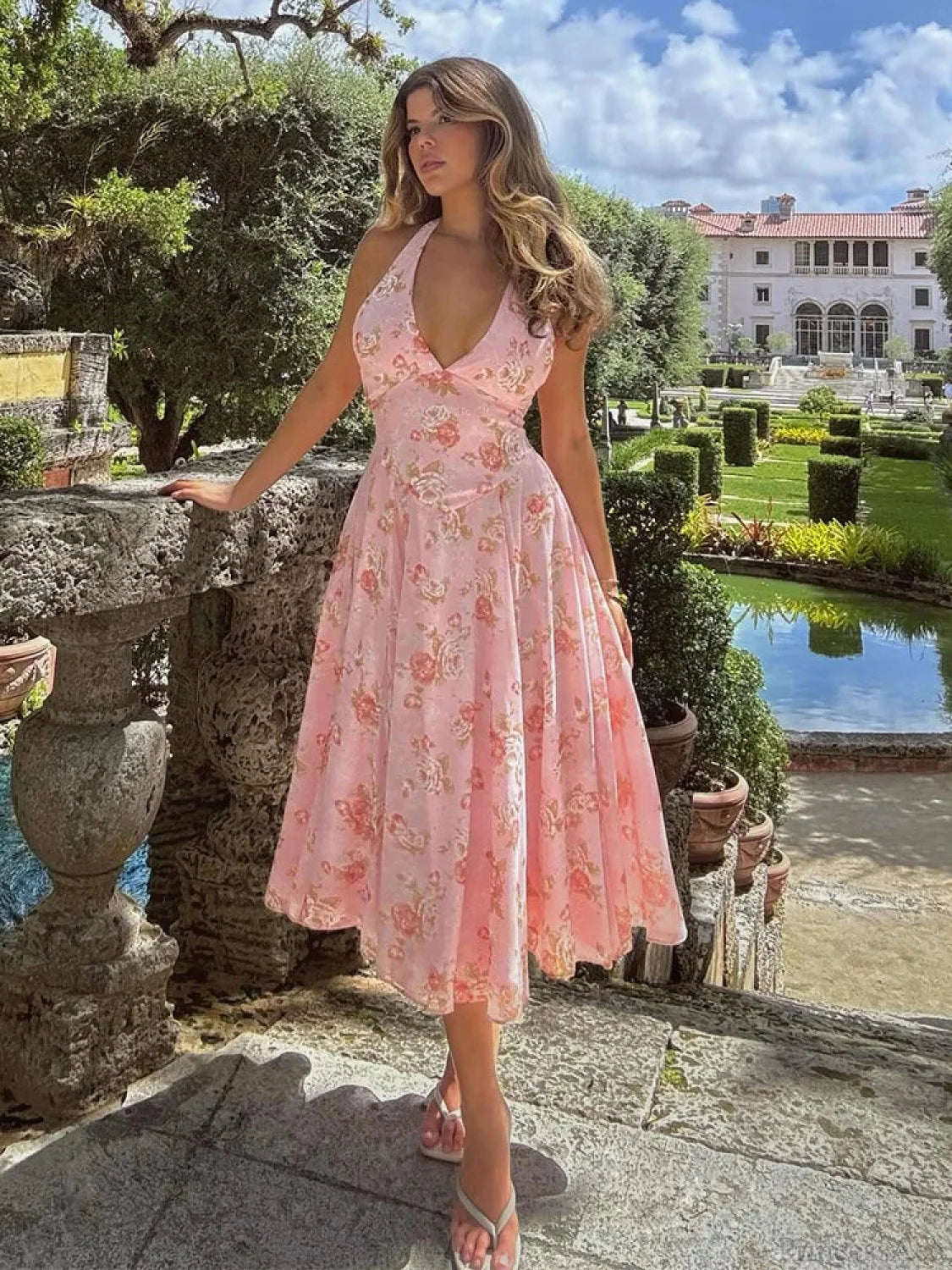 Floral Print Waist Wrap A-line Vacation Dress Pink / S vacationdress-250223